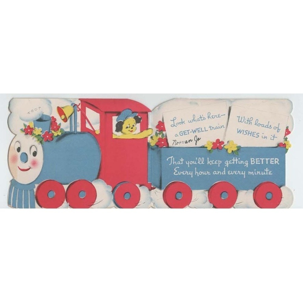 Vtg Mid-Century Get-Well Express Train Die-Cut Greeting Card Puppy Conductor - Picture 2 of 2